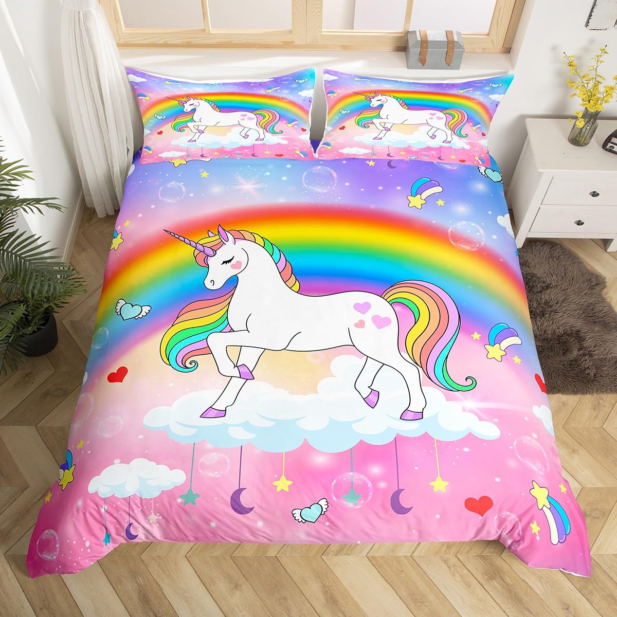 Loussiesd Rainbow Duvet Cover King Size With 2 Pillow Cases Colorful Stripes Comforter Cover Unicorn Bedding Set Girls Cute Unicorn Bedspread Cover for Kids Adults