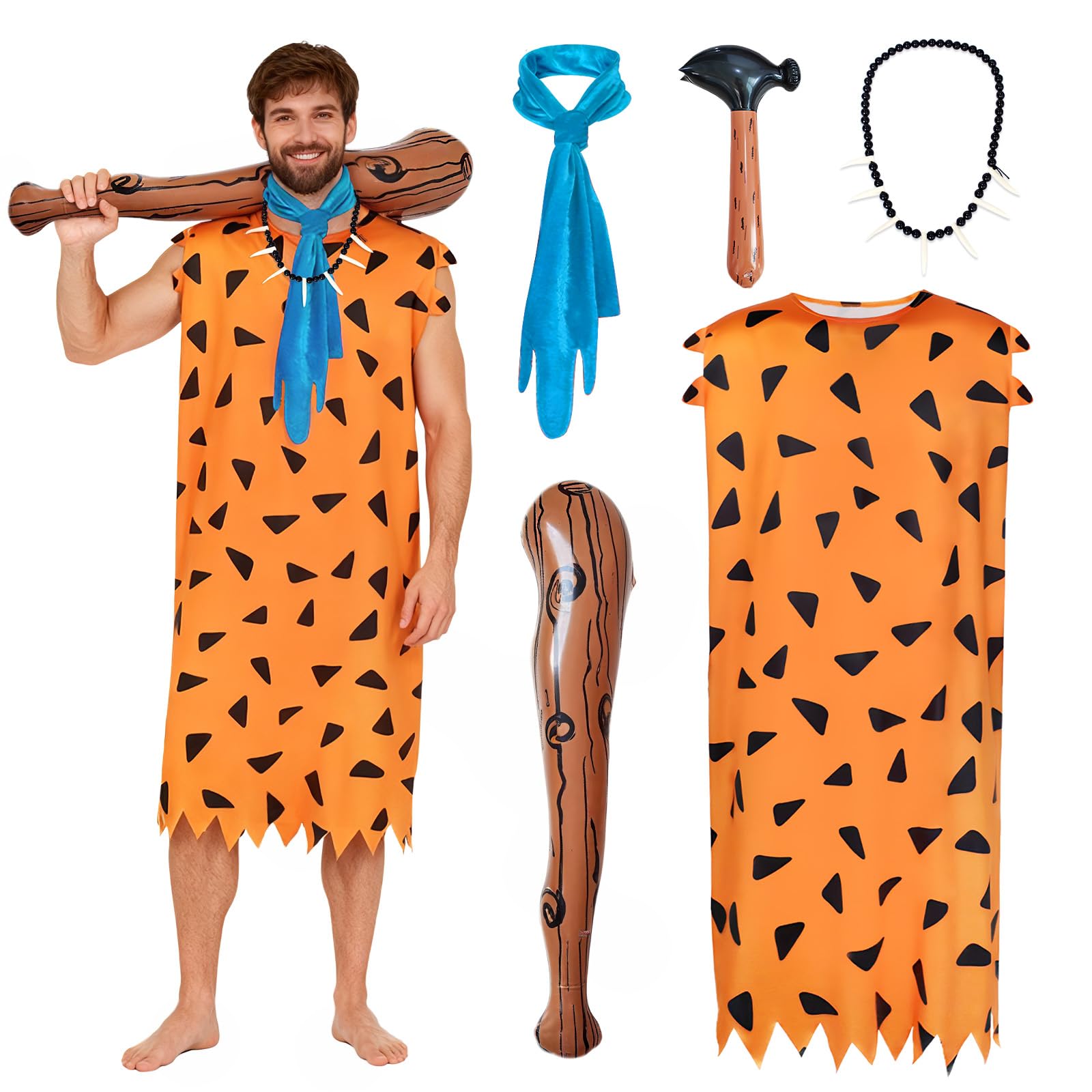 UxClishe 5Pcs Caveman Costume Set for Adults, Stone Age Halloween Outfit with Orange Caveman Tunic Blue Scarf Bone Necklace Inflatable Wooden Stick Hammer for Cosplay World Book Day Theme Parties