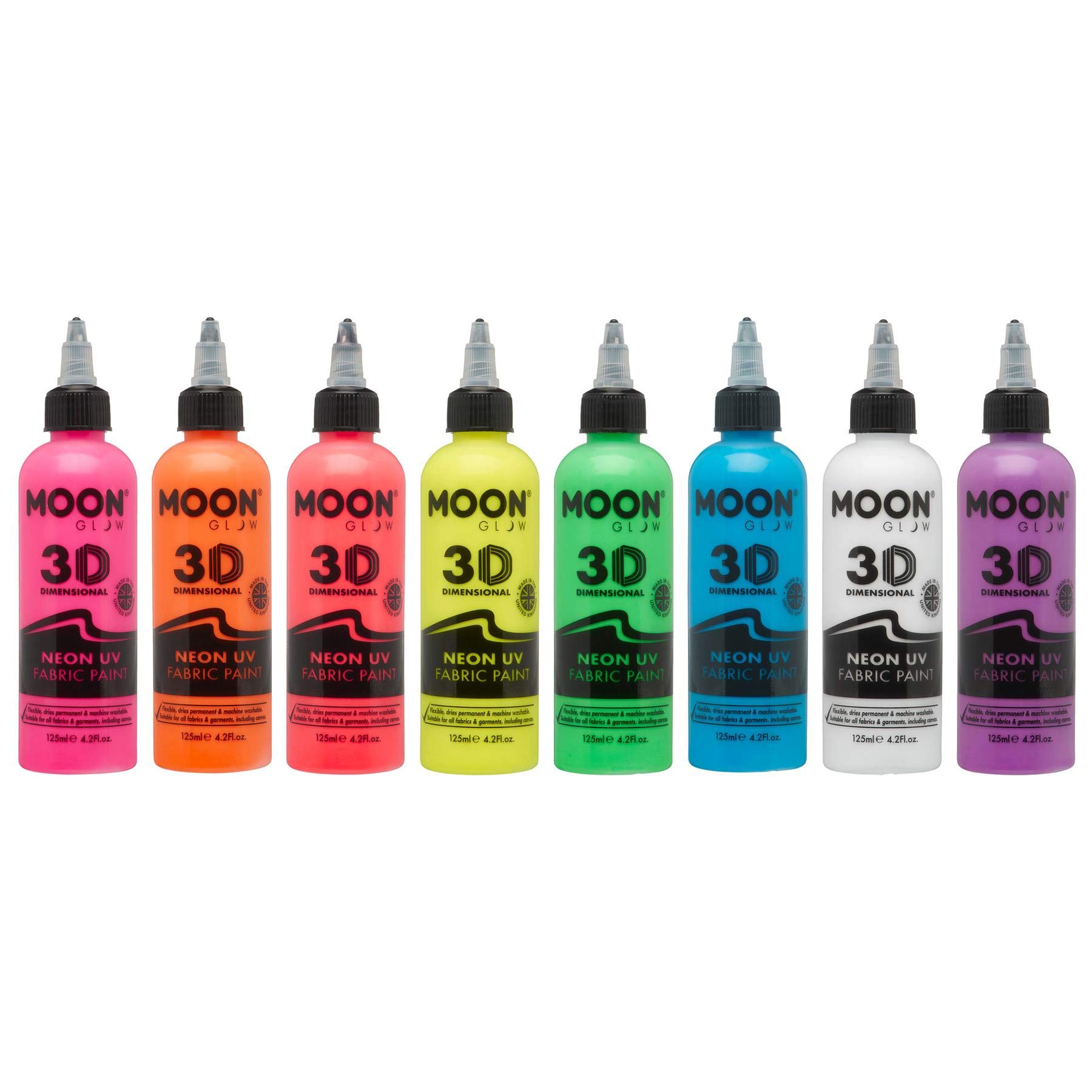 Moon Glow - Neon UV 3D Fabric Paint - 125ml - Textile paint for clothes, t-shirts, bags, shoes & canvas (Set of 8)