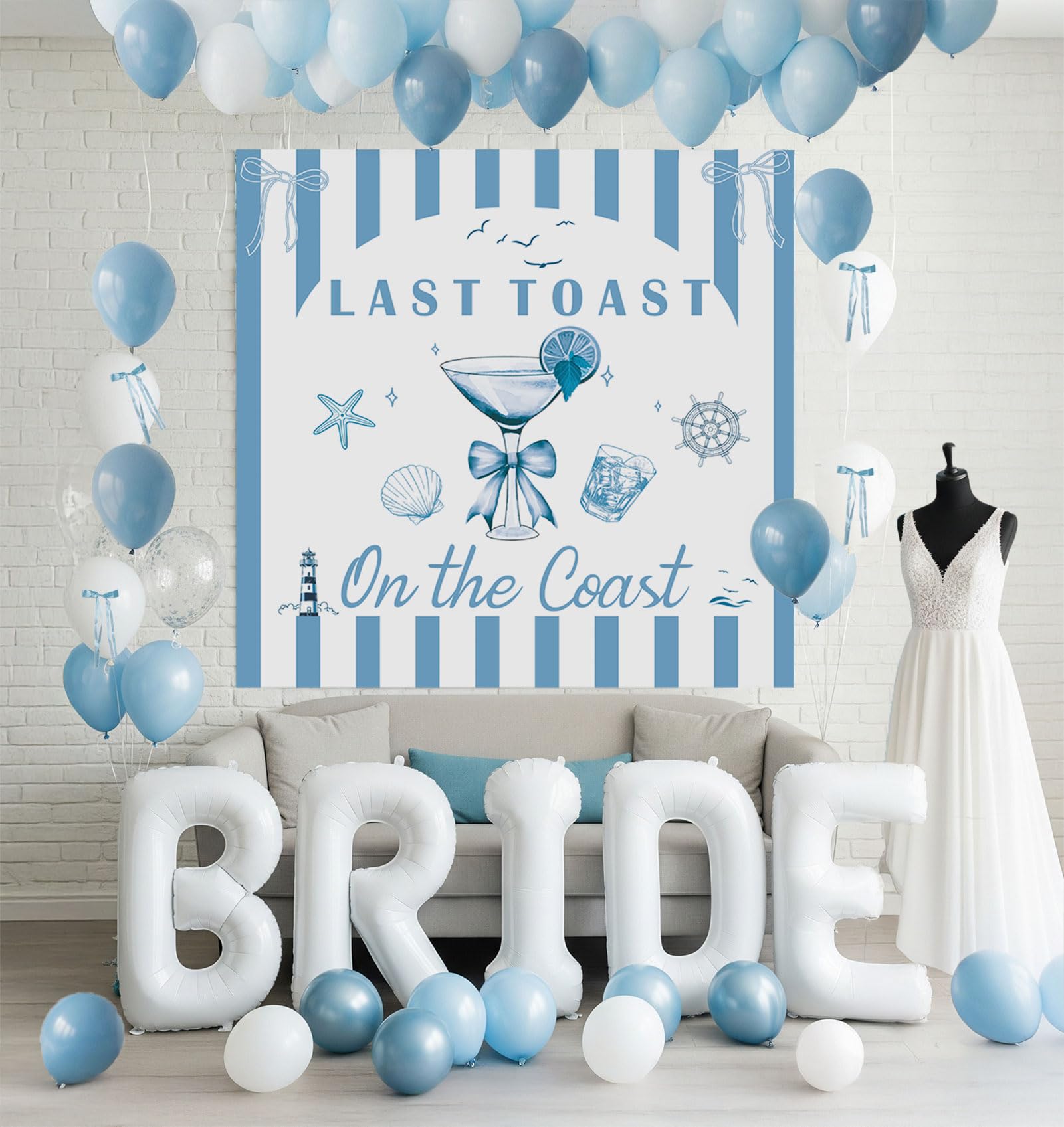 Photo 1 of yeewaka Last Toast on the Coast Bachelorette Decorations Blue bridal shower Balloon Garland Kit with 1.5m Backdrop Huge 40 inch BRIDE letter balloons for Hen Party Wedding Engagement supplies