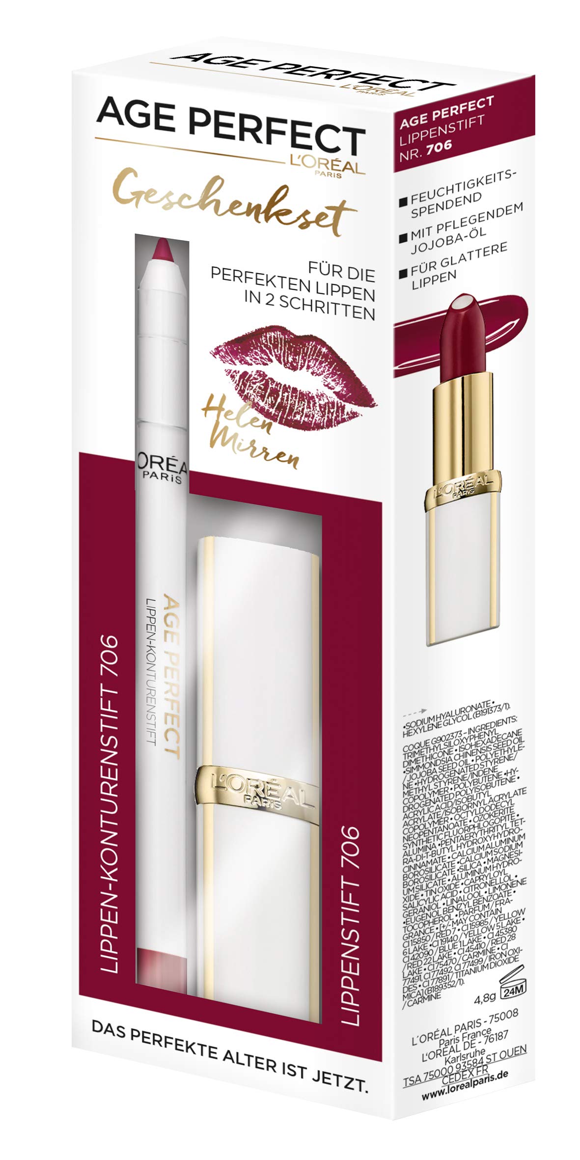 L'Oréal Paris Age Perfect Helen Mirrens Lip Set Lipstick and Lip Liner in No. 706 Perfect Burgundy, Intensive Care and Shine in Rich Berry Tone