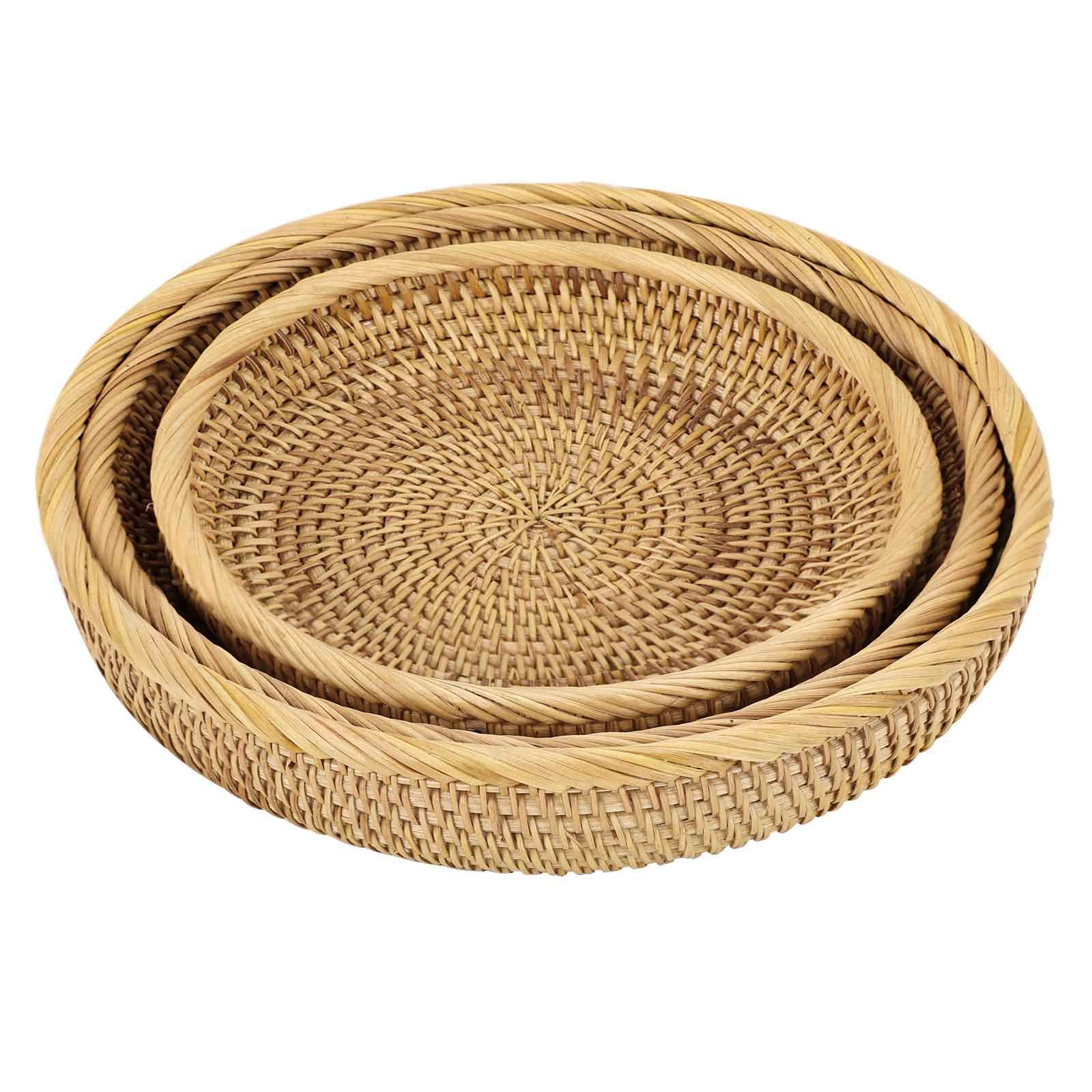 Sumnacon Set of 3 Round Rattan Woven Decorative Display Tray Fruit Bread Serving Baskets Storage Baskets Bowls Table Desktop Countertop (25+23+20cm)