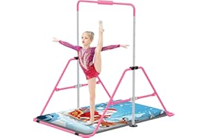 Jivifao Gymnastics Bar with Self-Inflating Mat for Kids, Adjustable Height Gymnastic Horizontal Bars with Mat, Folding Gymnastic Training Monkey Bars, Junior Expandable Training Kip Bar for Home
