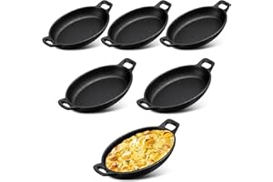 Mifoci 6 Pcs Oval Serving Dish Mini Cast Iron Skillet Cast Iron Baking Pan Sizzling Plate Matte Black Gratin Cookware for Home Restaurant Kitchen Food Service Barbecue (7.1" X 4.7")