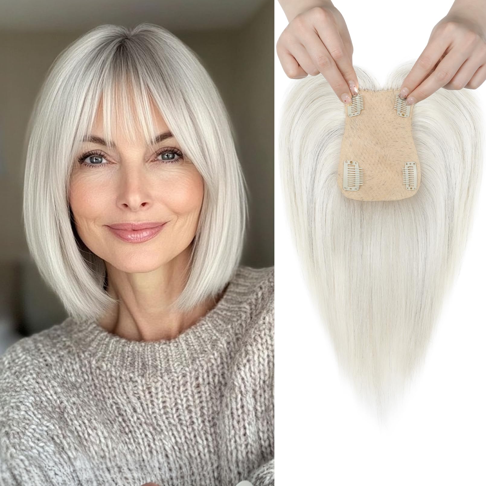 Photo 1 of REECHO Human Hair Toppers for Women Real Human High Density Hair Topper Invisible Wiglett for Daily Wear Adding Instant Volume, Warm platinum blonde