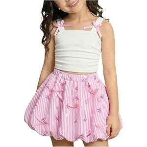 RoseSeek Girl's 2 Piece Bowknot Outfits Crop Tank Tops with Striped Bubble Shorts Set Cute Summer Outfits