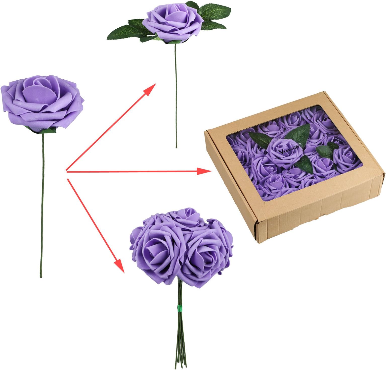 JunMu 25pcs Lavender Real Looking Fake Roses Artificial Real Touch Roses Flowers With Stems & Leaves for DIY Wedding Bouquets Centerpieces Birthday Party Decor