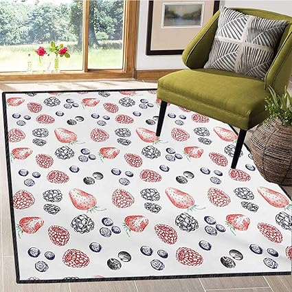 Amazon モダン エリアラグ下敷き かわいいフルーツフィギュアストロベリーブルーベリーラズベリー落書きスタイルイラスト 内側ドアマットノンスリップバッキング4 X 5フィートレッドインディゴブラック Lacencn ラグ カーペット 通販