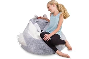 Posh Creations Cute Soft and Comfy Bean Bag Chair for Kids, Large, Animal - Silver Fox