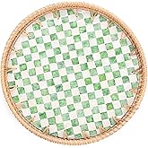 Tynulox Round Rattan Tray with Mother of Pearl Inlay, Rattan Serving Tray for Coffee, Bread, Fruits, Decorative Wicker Tray for Table Decor, Home Decor, Kitchen Island Decor(Green Checkerboard, 11.8")