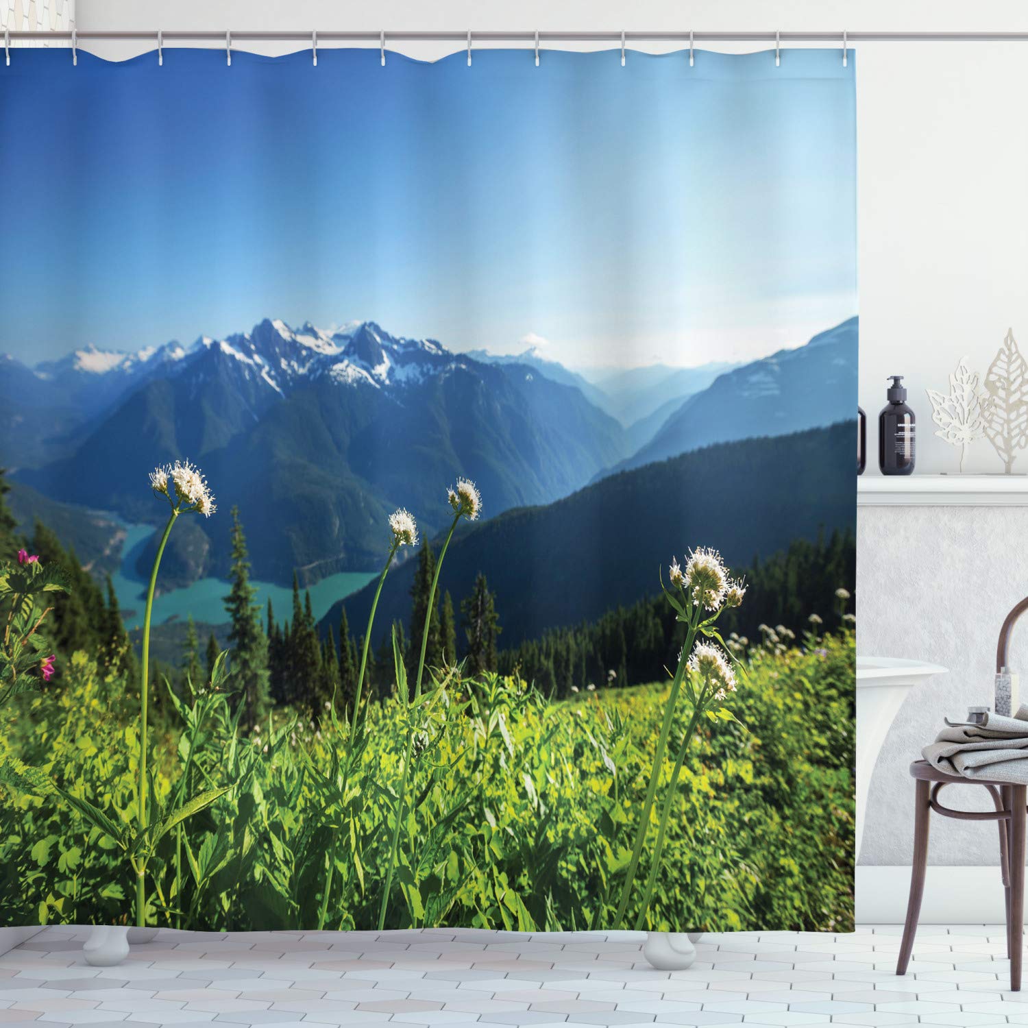 ABAKUHAUS Nature Shower Curtain, Diablo Lake Washington Mountains Dandelions Thistle Flowers Wilderness Image, Cloth Fabric Bathroom Decor Set with Hooks, 86 Inches Extra Long, Green Sky Blue