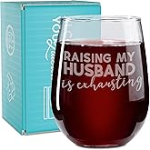On The Rox Drinks Wine Gifts for Mom - 17 Oz Raising My Husband Is Exhausting Engraved Stemless Wine Glass - Cute Funny Mother's Day, Birthday Gifts for Mothers and Stepmoms - Fun Glasses for Women
