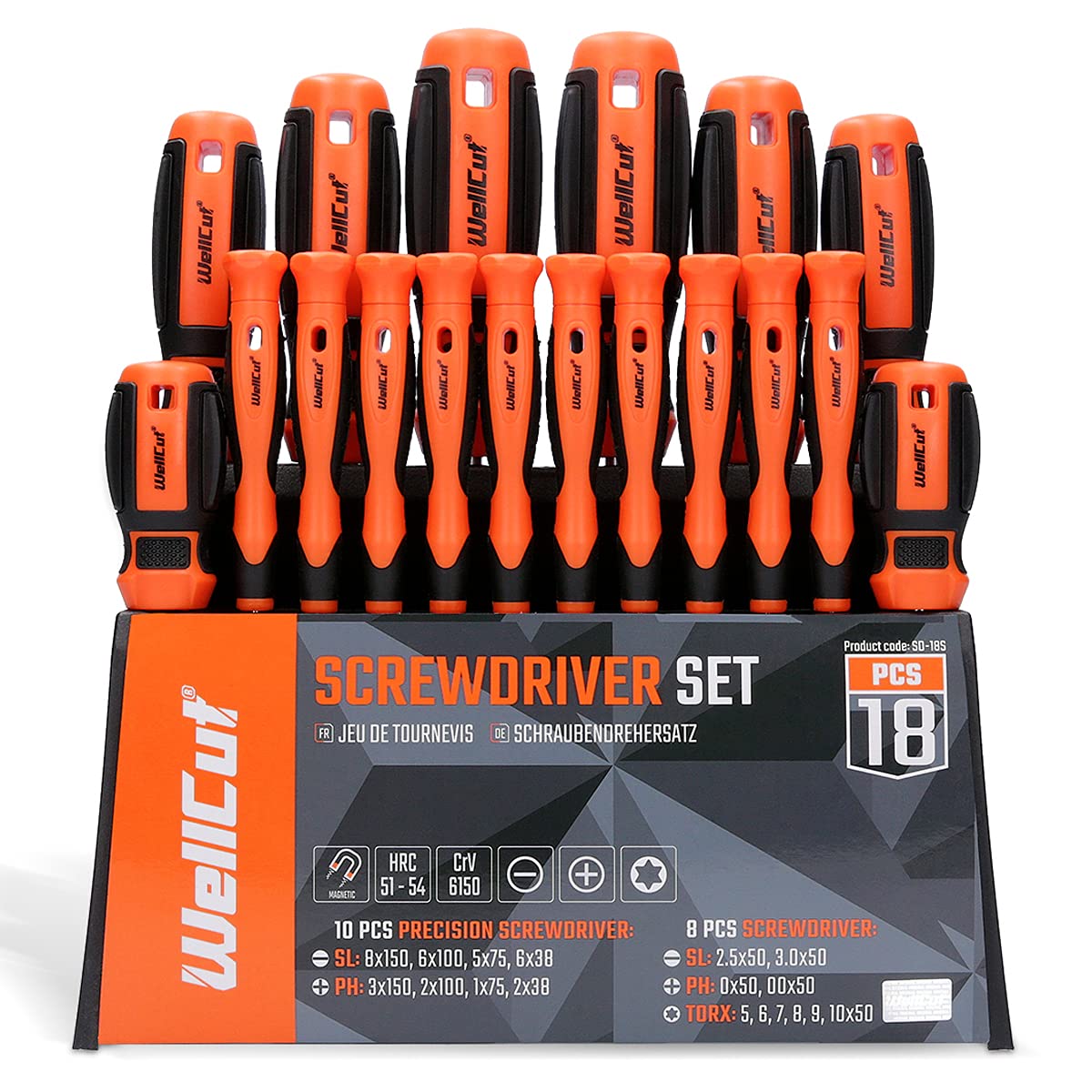 WELLCUT 18 Pieces Magnetic Screwdriver Set with Soft Grip Handle Phillips Slotted Tool Bit