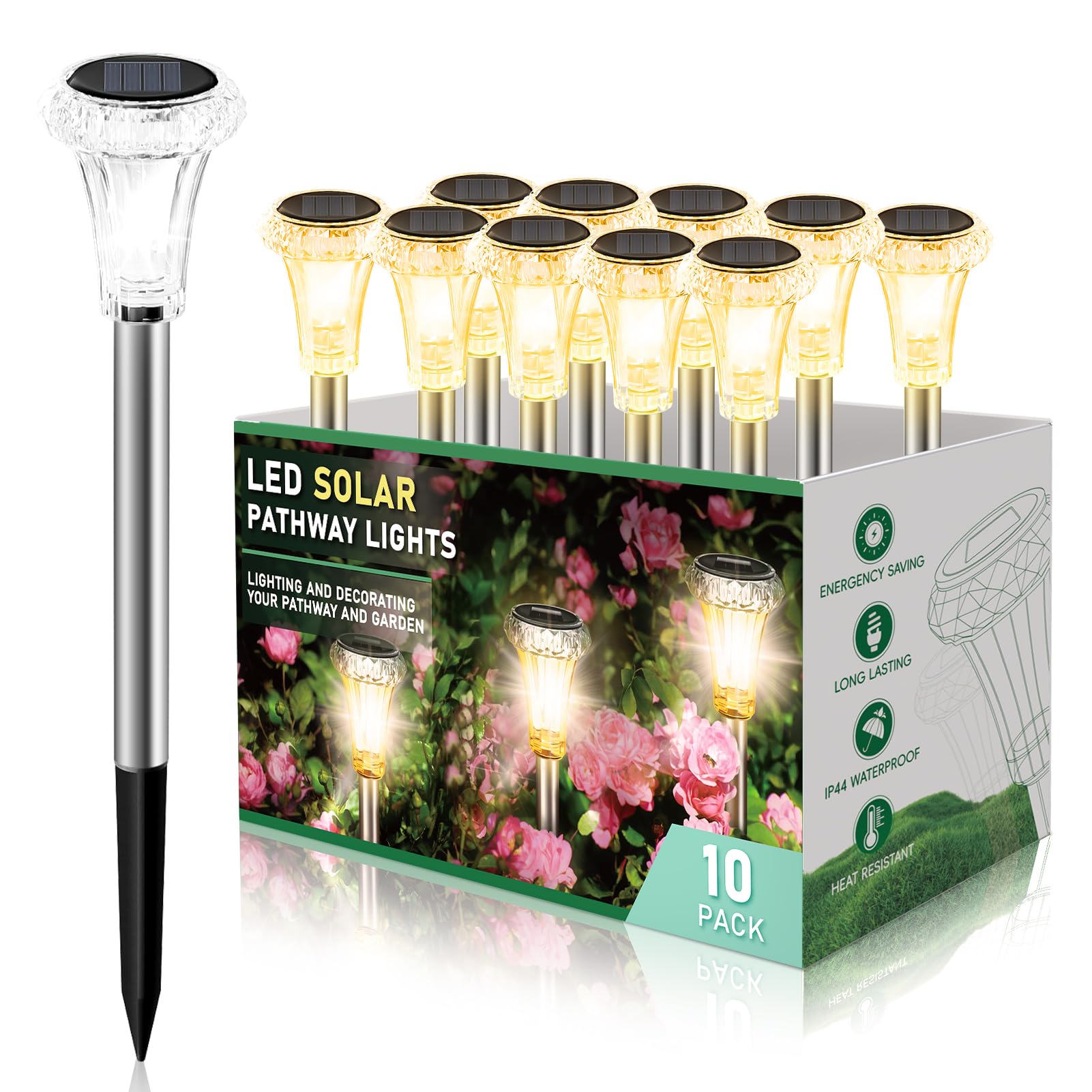 Photo 1 of Dream Master Solar Lights Outdoor Waterproof?Solar Lights for Outside Solar Garden Lights Stainless Steel Soalr Pathway Lights for Garden, Landscape, Yard, Pathway Decor- 10 Pack (Warm White)