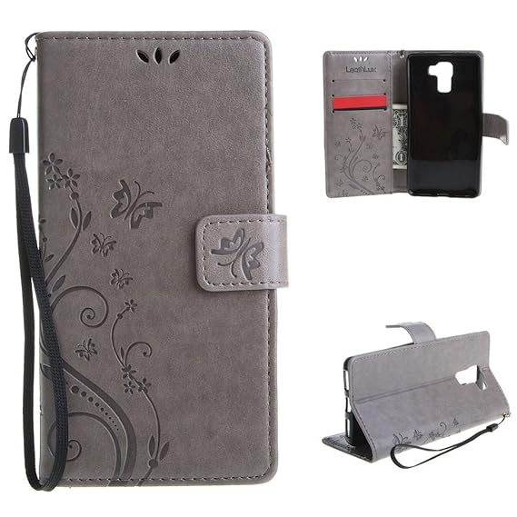 Leathlux Für Huawei Honor 7 Hülle Grau, Vintage Blume Muster Premium PU Leder Schutzhülle Bookstyle Tasche Schale TPU Case mi