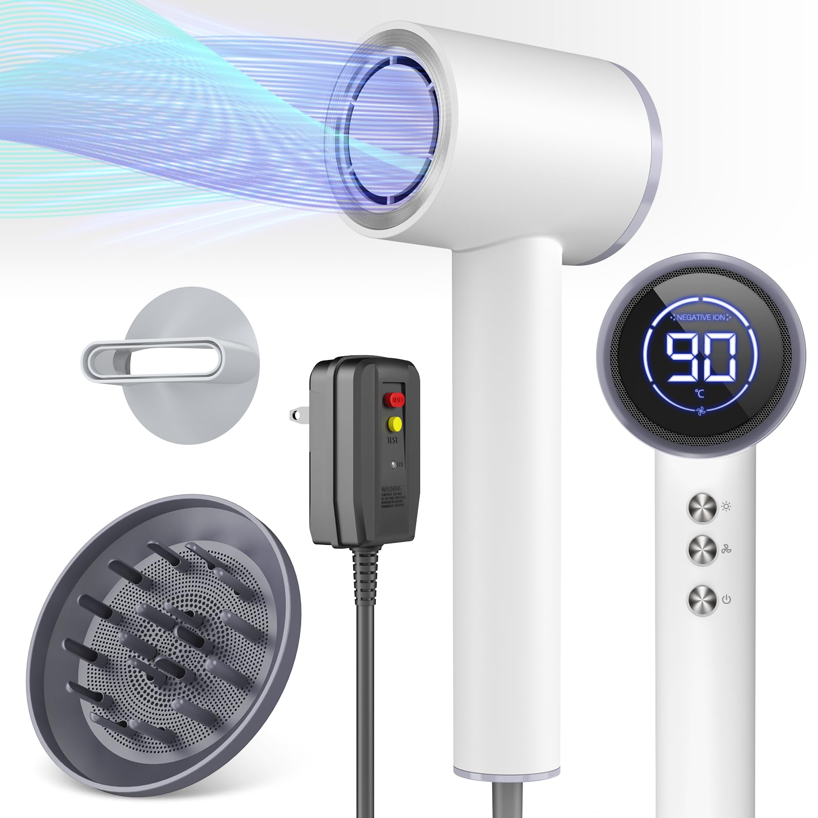 Photo 1 of 110,000RPM High-Speed Blow Dryer for Fast Dry, Hair Dryer Blow Dryer with Diffuser, Ionic Hair Dryer with Magnetic Nozzle & LED Display, Portable Travel Hair Dryer for Salon Home-Snow White