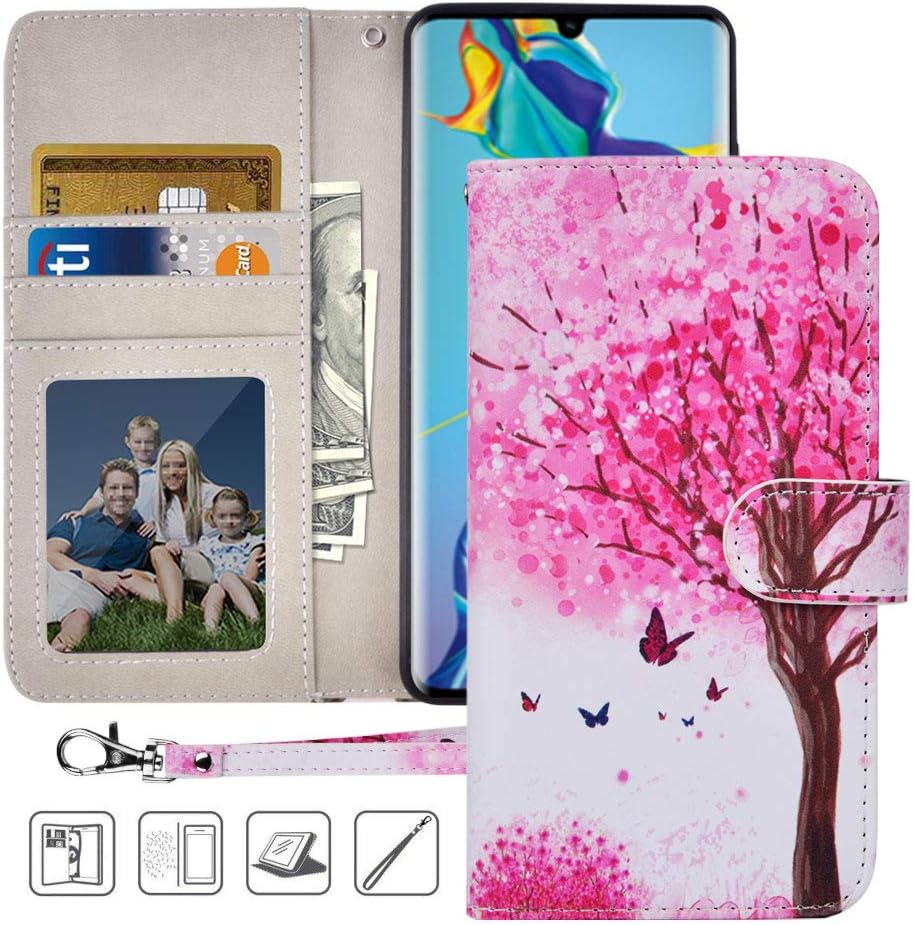 Urbeutyke Huawei P30 Pro Wallet Case, Huawei P30 Pro Case, Premium PU Leather Flip Folio Case Cover with Wrist Strap, Card Holder, Cash Pocket, Kickstand for Huawei P30 Pro 6.47 inch - Pink Tree