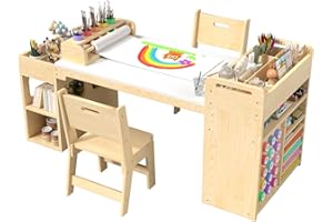 RUPOLX 50″Lx24″W Kids Art & Craft Table and 2 Chairs Set, Portable Supply Organizer and Paper Roll Rack, Art Desk and Craft Table for Kids,Toddler Activity and Coloring Tables with Storage(White)