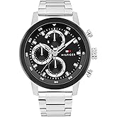 Tommy Hilfiger Men's Sporty Watch – Quartz Multifunction, Stainless Steel Case, Sunray Dial with Stick Indexes and CD-Textured Sub-Eyes, Oversized Crown, Link Bracelet – Gift for Him