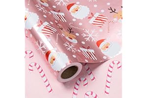 LeZakaa Christmas Pink Wrapping Paper Mini Roll, Santa Claus & Candy Cane, Metallic Foil, Rose Gold Foil Reversible Design for Festive Winter Holiday, Family Gathering, 17 inches x 32.8 Feet