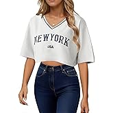 Remidoo Women V Neck Embroidered Short Sleeve Crop Top Graphic Tee Loose Shirts