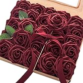 Floroom Artificial Flowers 25pcs Real Looking Burgundy Foam Fake Roses with Stems for DIY Wedding Bouquets Red Bridal Shower Centerpieces Party Decorations