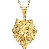COOLSTEELANDBEYOND Stainless Steel Mens Gold Color Wolf Head Pendant Necklace with 30 inches Ball Chain