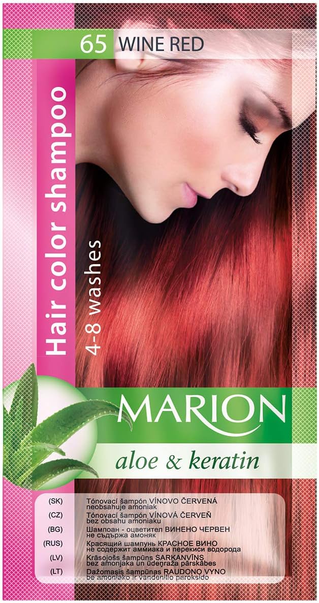 Marion Hair Dye Shampoo Bag Semi-Permanent Colour 4 to 8 Washes with Aloe and Keratin, 65 - Wine Red, 40 ml (Pack of 1)