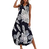 Zilcremo Women's Summer Casual Loose Sundress Long Dress Sleeveless V Neck Split Tshirt Maxi Dresses