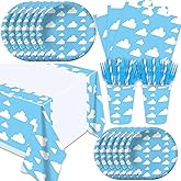 141Pcs Blue Sky White Clouds Birthday Party Decorations for 20 Guests Cartoon Supplies White Clouds Plates and Napkins Forks Cups Straws Tablecloth for Baby Shower Birthday Party Decorations