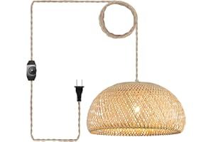 HCHUNQJOR Bamboo Large Plug in Pendant Light with 14ft Handmade Woven Light Cord, Dimmable Switch, Rustic Basket Hanging Lamp for Bedroom Kitchen Island Farmhouse Dining Room Living Room,17.8 inch Width