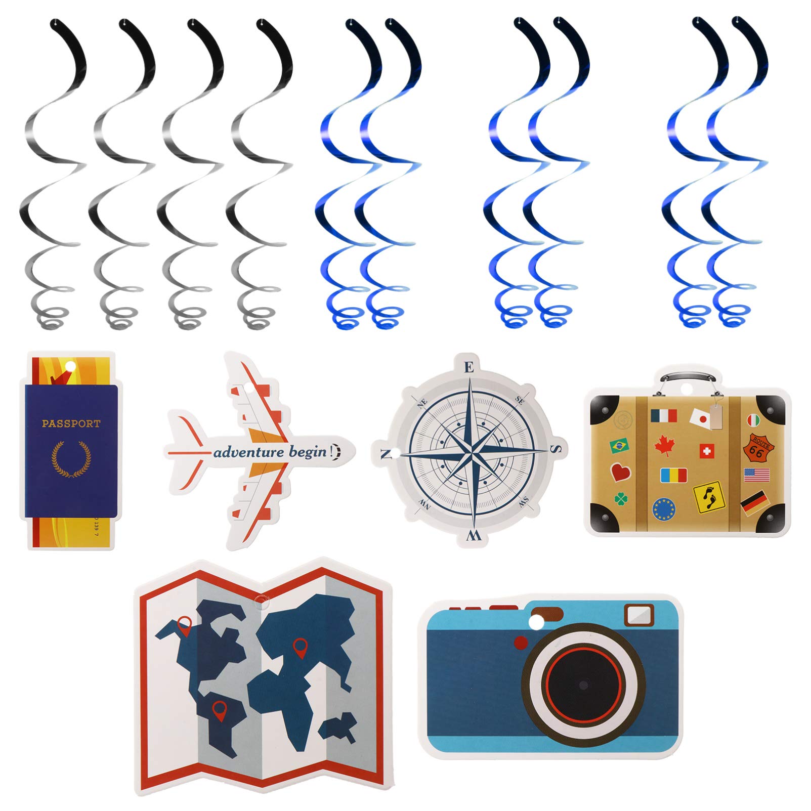 VALICLUD 14 Pcs Retirement Party Decorations Travel Airplane Compass Suitcase Hanging Swirls Streamers Ceiling Garland Pendant for Around The Supplies Assorted Color