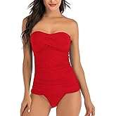 Shuangyu Women's Twist Front Bandeau Tankini Set Two Pieces Ruched Tummy Control Suimsuit with Mid Waist Briefs