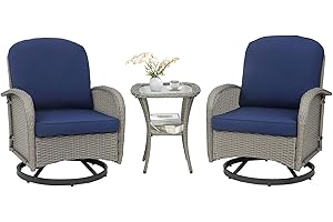 PIZZELLO Outdoor Swivel Chairs 3 Piece Wicker Rocking Charis Set Patio Furniture Set with Rattan Side Table, Rocker Bistro Sets for Outside Porch Deck Garden Backyard, Gray Blue