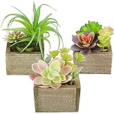 Mingfuxin Artificial Succulents Indoor, Set of 3 Mini Potted Greenery in Rustic Wood Planters, Tabletop Accent for Office, Bathroom Shelf, No Watering