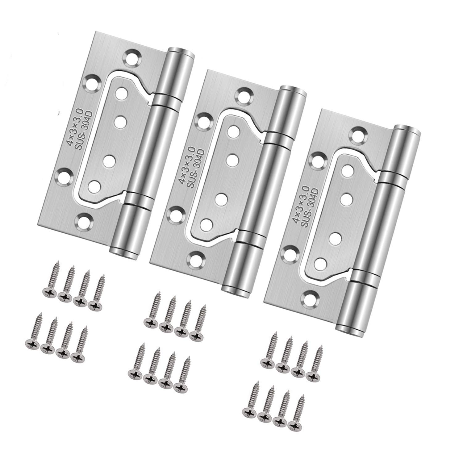 3pcs 4Inch Home Door Hinges Ball Bearing Small Flush Hinge Non-Mortise Stainless Steel Brushed Nickel Smooth and Silent Movement Replacement Ball Bearing Mute (Silver)