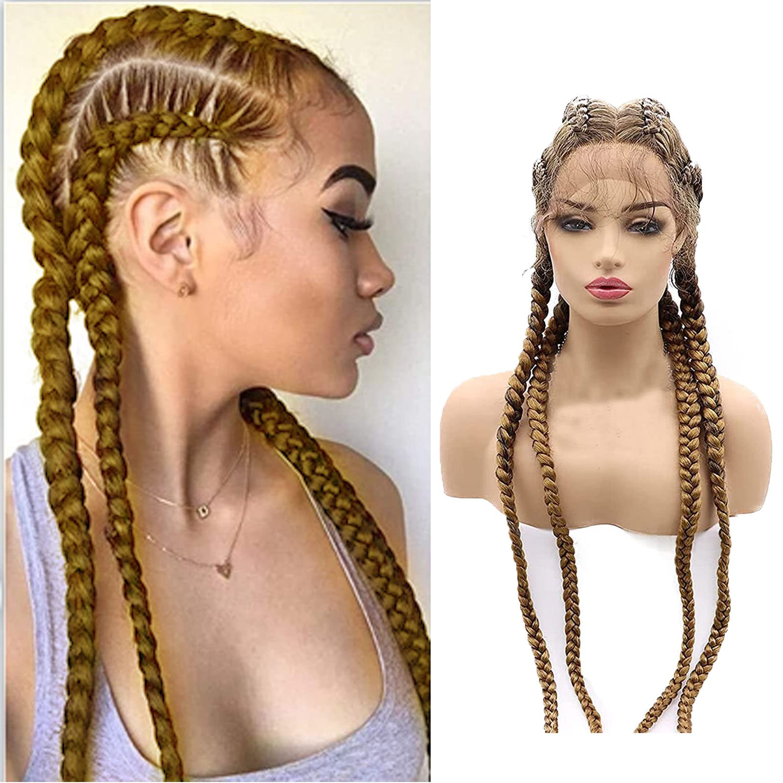Omber Dark Blonde Braids Lace Front Wig Mix Brown Ornrow 4 Twist Braided Wig with Baby Hair Xpression Braiding synthetic Wigs for Women Wear 30 Inches