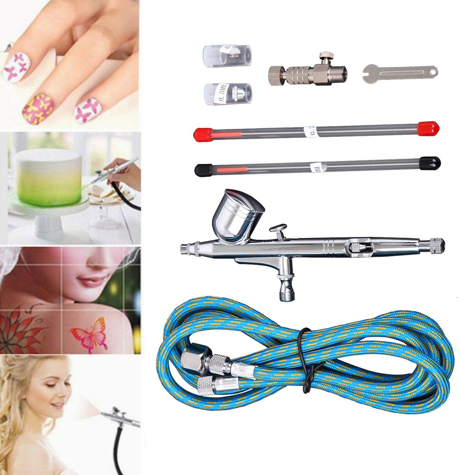 Yonntech Multi-Purpose Dual-Action Gravity Feed Airbrush Set w/Airbrush Gun,Hose,0.2/0.3/0.5mm Nozzles,Handheld Compressor Tattoo Spray Gun for Spray Auto Graphics,Art,Crafts,Tattoos,Cake,Nail Beauty