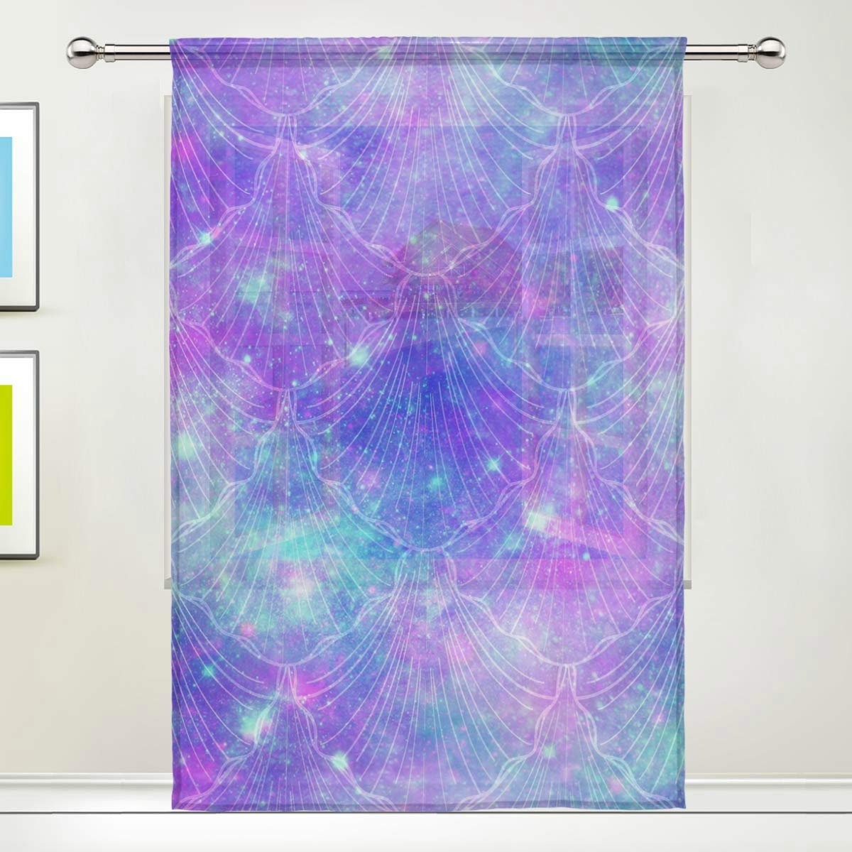 Sheer Curtain Rainbow Ocean Mermaid Fish Scales Voile Window Curtain Drapes for Living Room Bedroom Door Kitchen 55x84 inches, 1 Panel