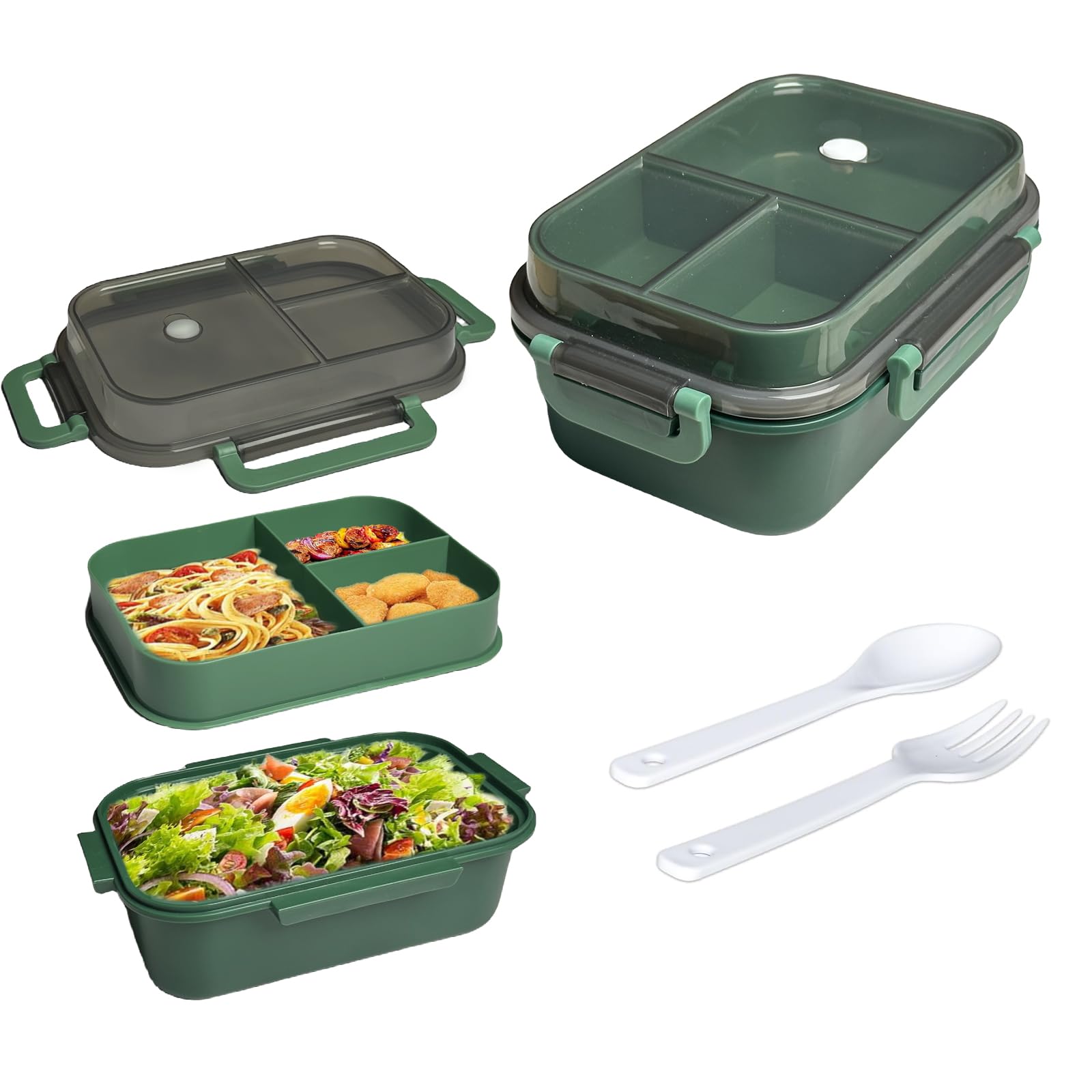 Echehi Portable Lunch Boxes, 2 Layers All-in-One Stackable Lunchbox Utensil Set for Dining Out, Work, Picnic. Green