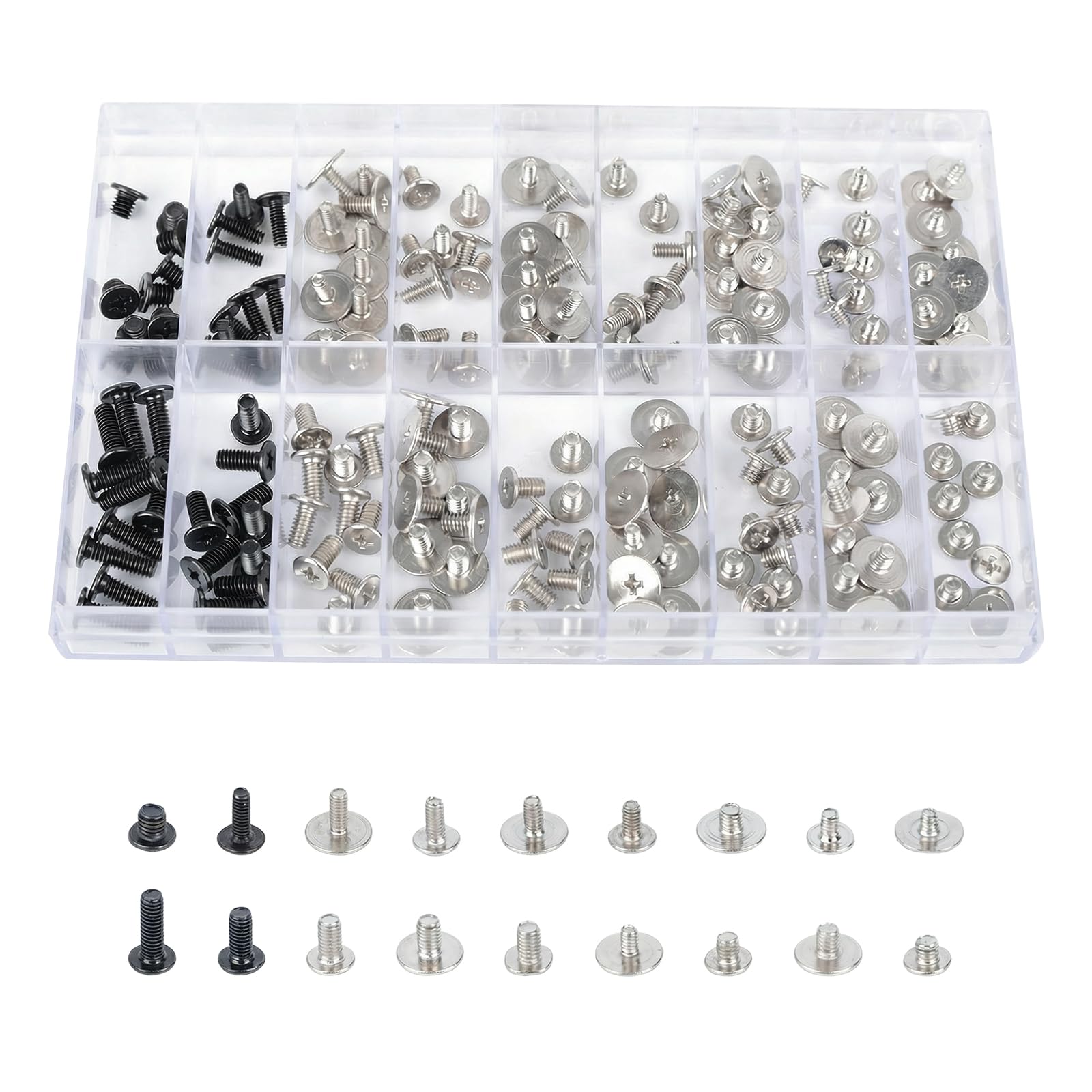Photo 1 of 180Pcs Computer Screws Assortment Kit, Black CM and Nickel-Plated Phillips Machine Screws Set with Flat Round Head for PC Case, Motherboard, and Electronic Repairs