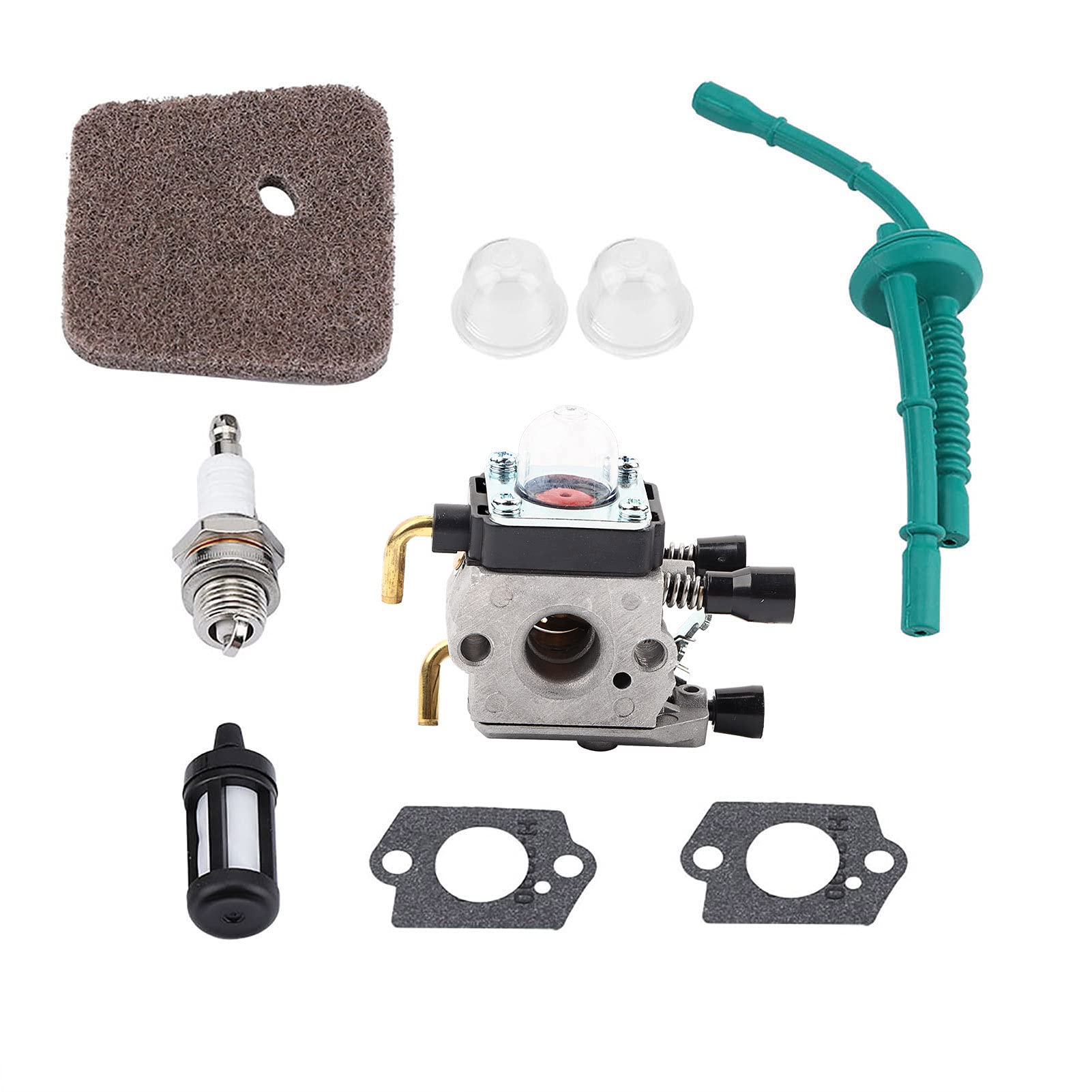 TOPINCN Carburetor Kit for FS55, FS55RC, FS38, KM55, HL45, KM55R, Metal Construction, Includes Gaskets, Spark Plug, Filter, Pipe, Lawn Mower Engine Parts