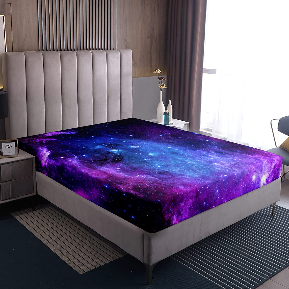 Loussiesd Blue Purple Galaxy Bed Sheet Single for Children Starry Sky Fitted Sheet Space Universe Cosmos Non-Slip Soft Microfiber Youth Fitted Sheet Milky Way Galaxy