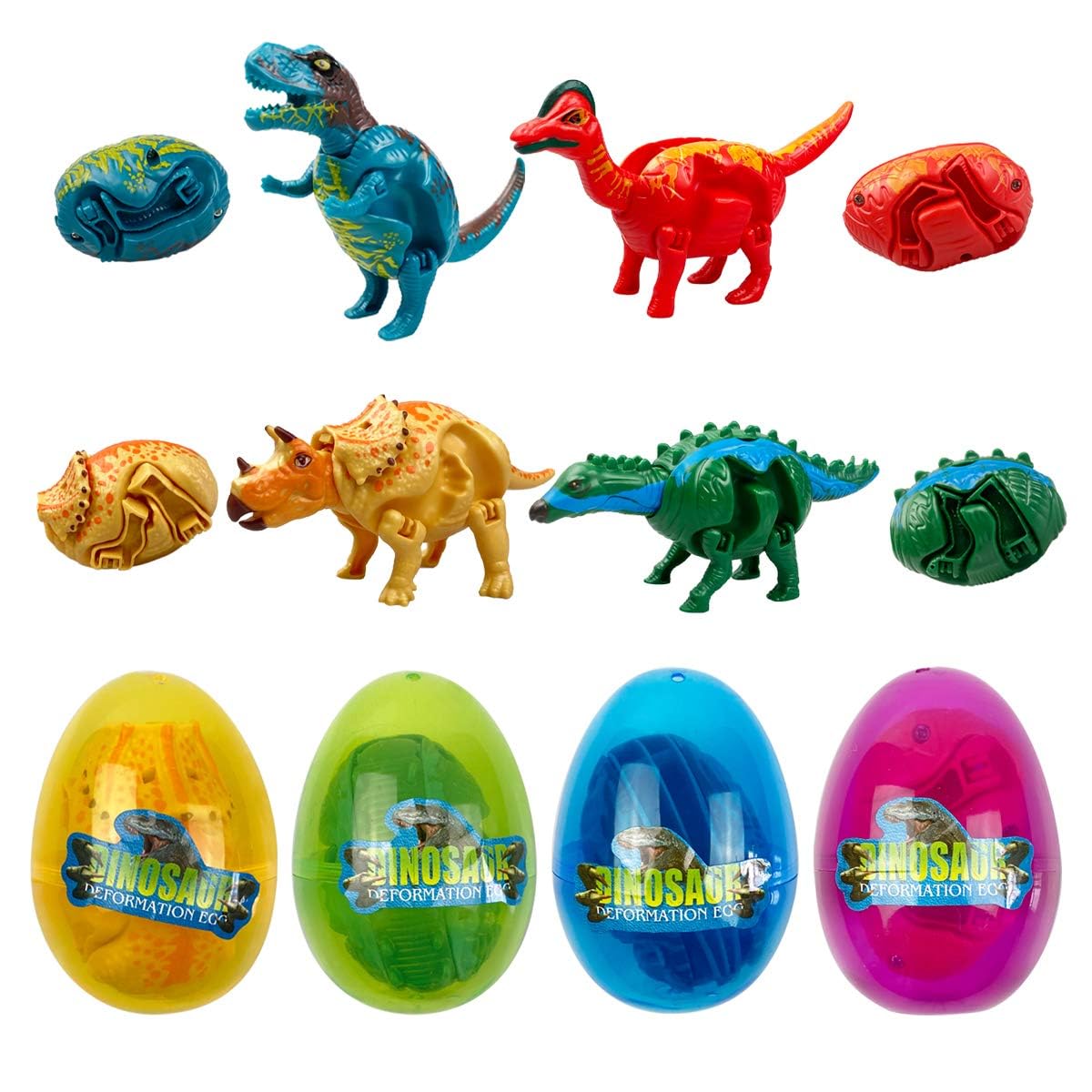 JoFAN 4 Pack Jumbo Dinosaur Deformation Eggs Prefilled Plastic Easter Eggs with Toys Inside for Kids Boys Girls Toddlers Easter Basket Stuffers Gifts Party Favors