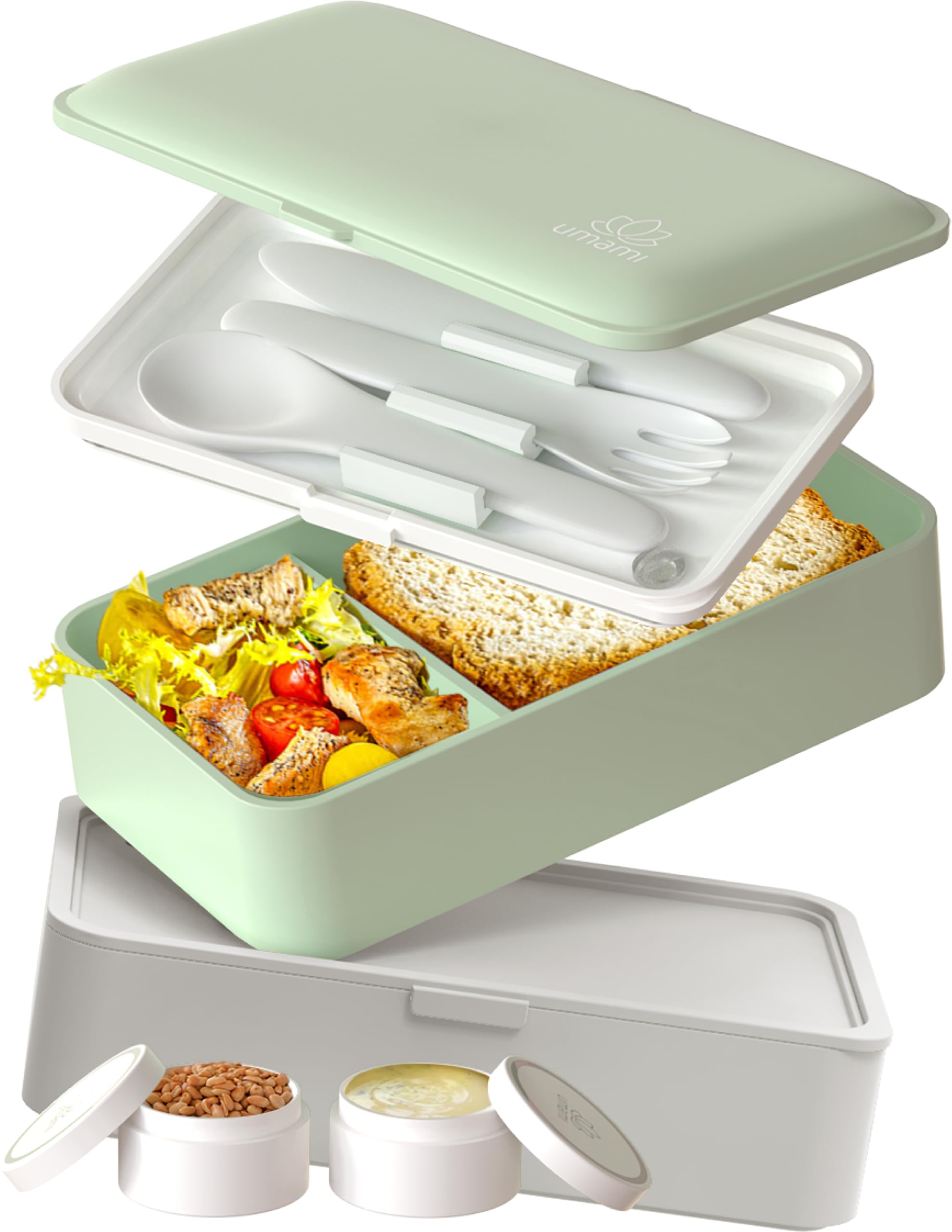 Photo 1 of Umami Bento Box Adult All-In-1 w/4 Utensils, 2Sauce Jars, 2 Dividers, 100% Leakproof, Microwave & Dishwasher Safe, Stackable Bento Lunch Box Containers for Men & Women, Green, 40 oz