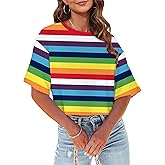 PECHAR Pride Shirts for Women LGBT Rainbow Crop Tops Striped Color Block Y2K Crop Short Sleeve Casual Summer Shirt