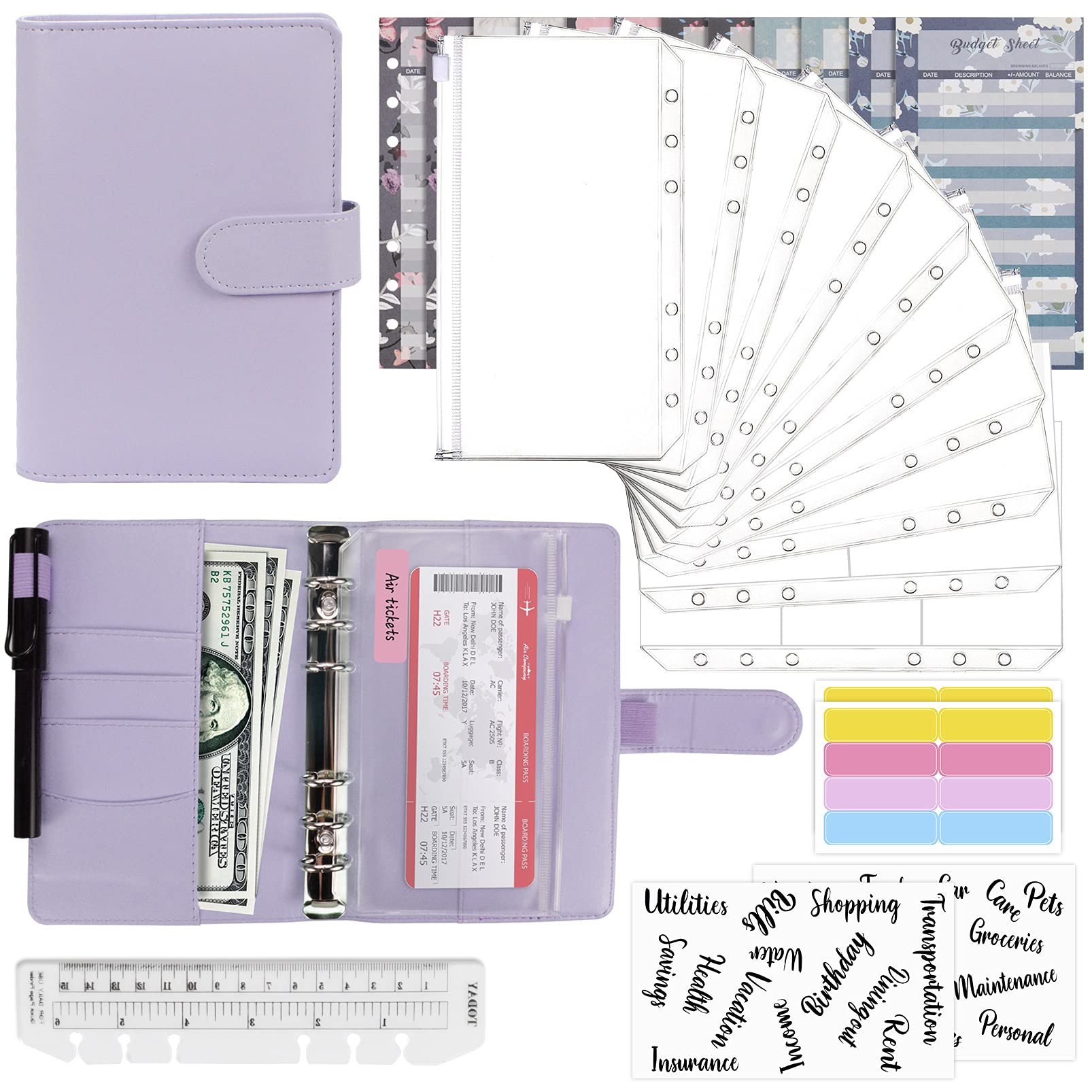 Mlife Budget Binder Set - 28pcs Leather Ring Notebook with Clear Cash Envelopes,Budget Sheets and Label Stickers, Money Saving Binder Organizer for Travel and Diary Purple — image 1