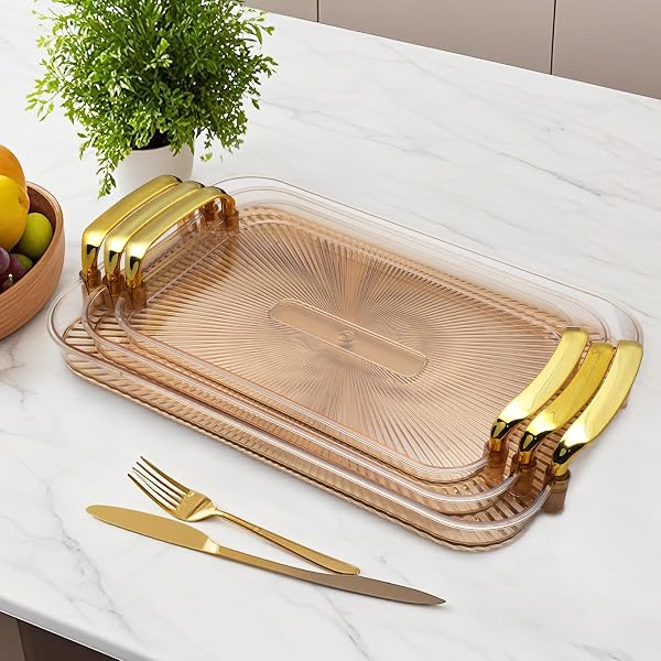 ZUFUDO 3 PACK SERVING TRAY WITH HANDLES, STACKABLE REUSABLE TRAYS FOR SERVING FOOD, PLASTIC SERVING PLATTERS FOR PARTY, CHARCUTERIE, FRUIT, APPETIZER, AMBER GOLD