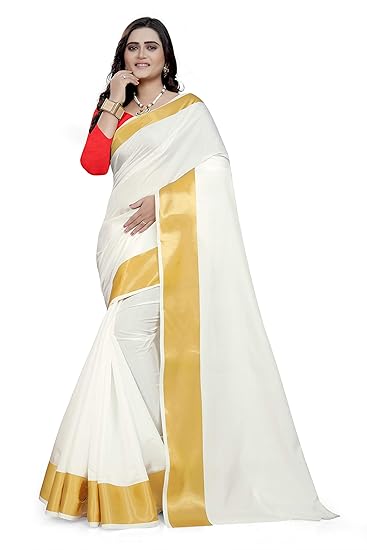 Kerala Kasavu with Blouse Piece Saree (NK272snchred_White_Free Size)