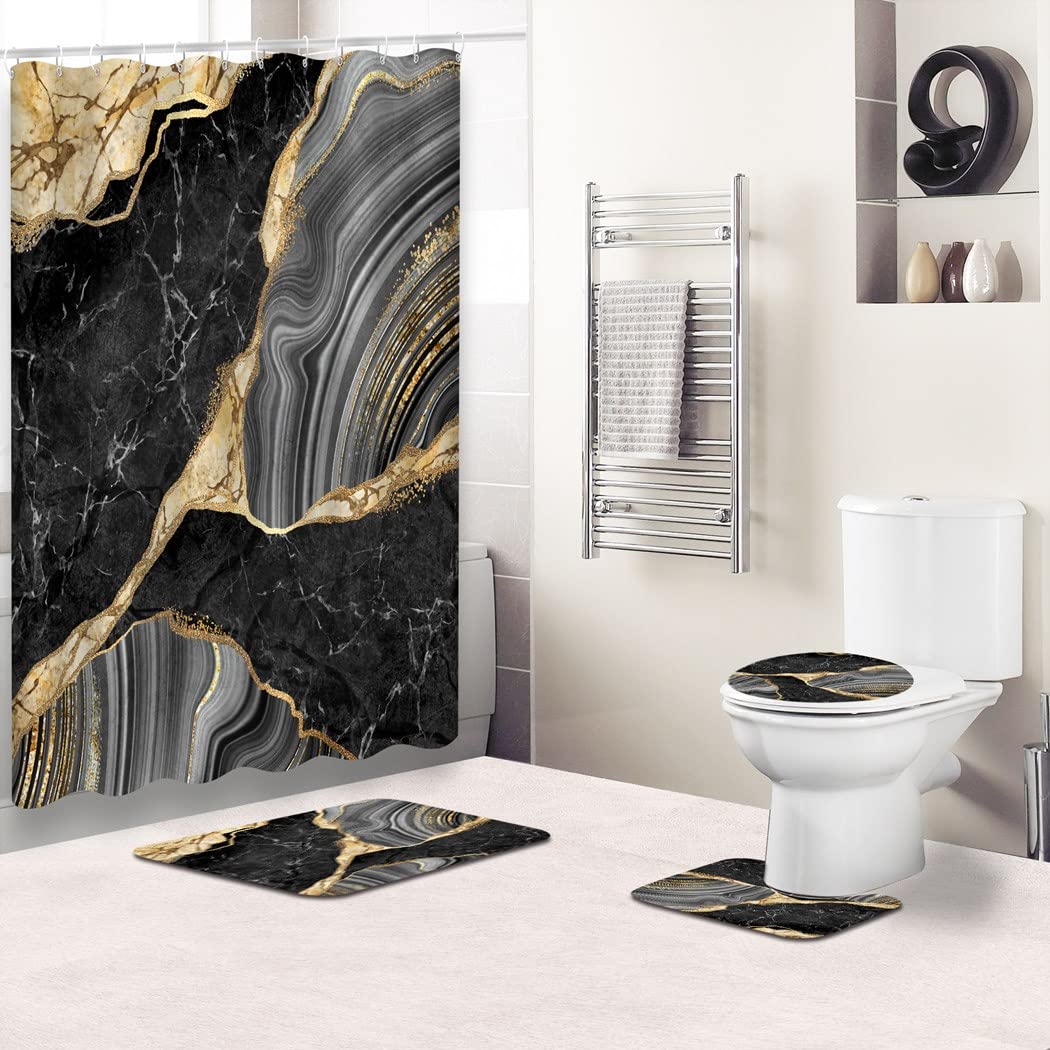 Goodbath Marble Shower Curtain Set, Luxury Abstract Black Marble Agate Mosaic Golden Veins Bathroom Sets with Shower Curtain and rugs, Toilet Lid Rug, Contour Mat and Bath Mat, 12 Hooks